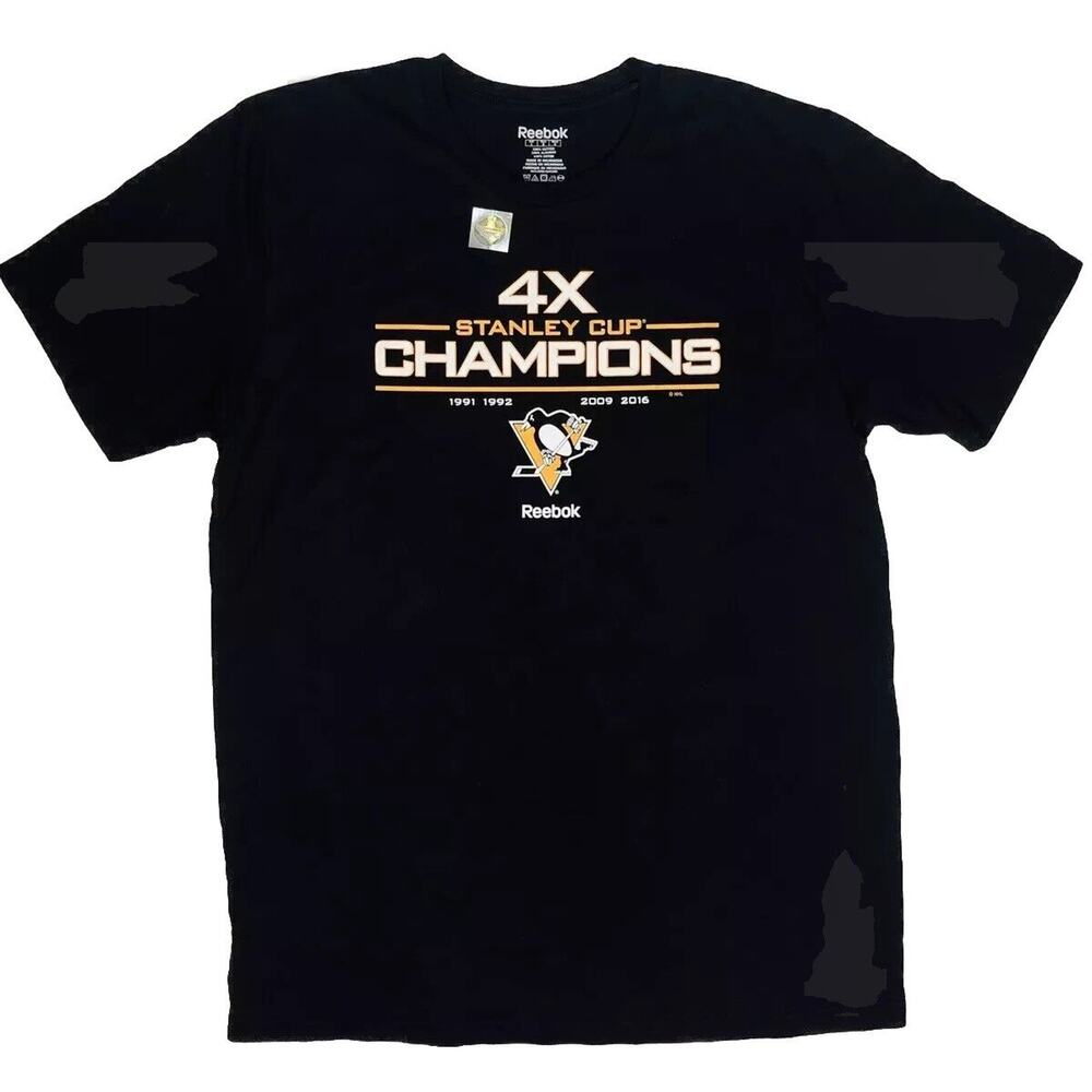 NEW Mens Reebok NHL Pittsburgh Penguins Black 4X Stanley Cup Champions T Shirt L